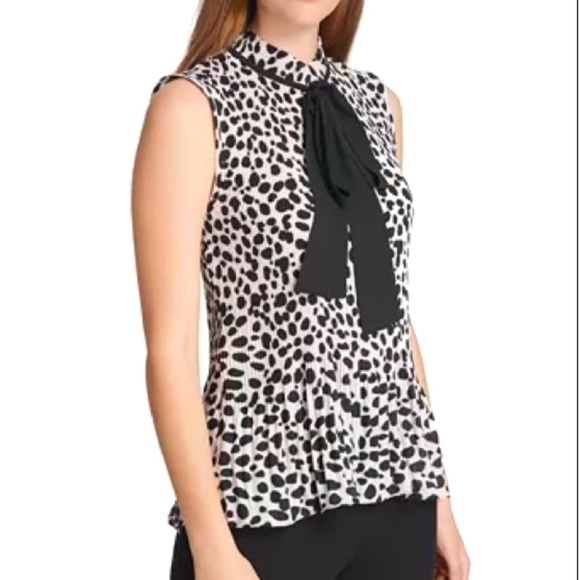 DKNY Pleated Animal-Print Tie-Neck Top - Picture 1 of 6